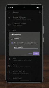 Screenshot setting Private DNS Android hostname filled with dns.google to unblock Nekopoi.