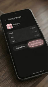 Menu penyimpanan aplikasi Android tombol Hapus Cache untuk mengatasi error aplikasi.
