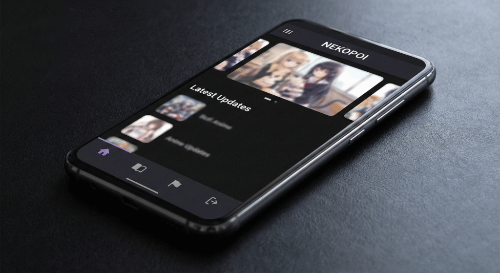 Antarmuka halaman depan aplikasi Nekopoi terbaru 2026 dengan menu navigasi bawah dan mode gelap.