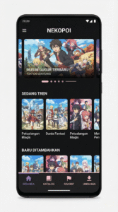 Nekopoi Android app home screen showing latest anime uploads in a dark mode interface.