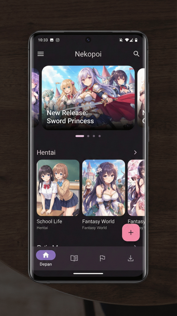 Tampilan beranda aplikasi Nekopoi lancar terbuka dengan thumbnail anime.