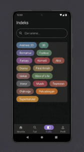 Nekopoi app search screen with genre category tags for easy browsing.
