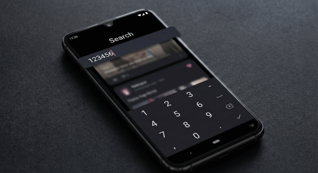 Tampilan kolom pencarian aplikasi Nekopoi dengan input 6 digit kode nuklir di HP Android mode gelap.