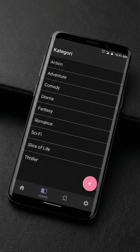 Menu daftar kategori dan genre anime di aplikasi Nekopoi untuk pencarian manual tanpa kode.