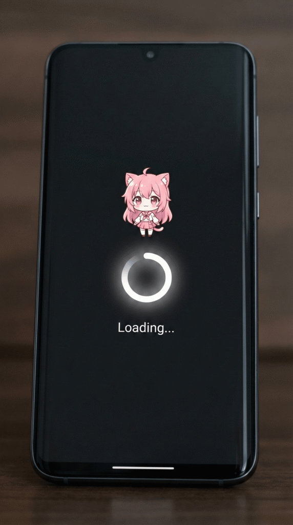 Nekopoi APK stuck on loading screen with spinning buffer icon and mascot.